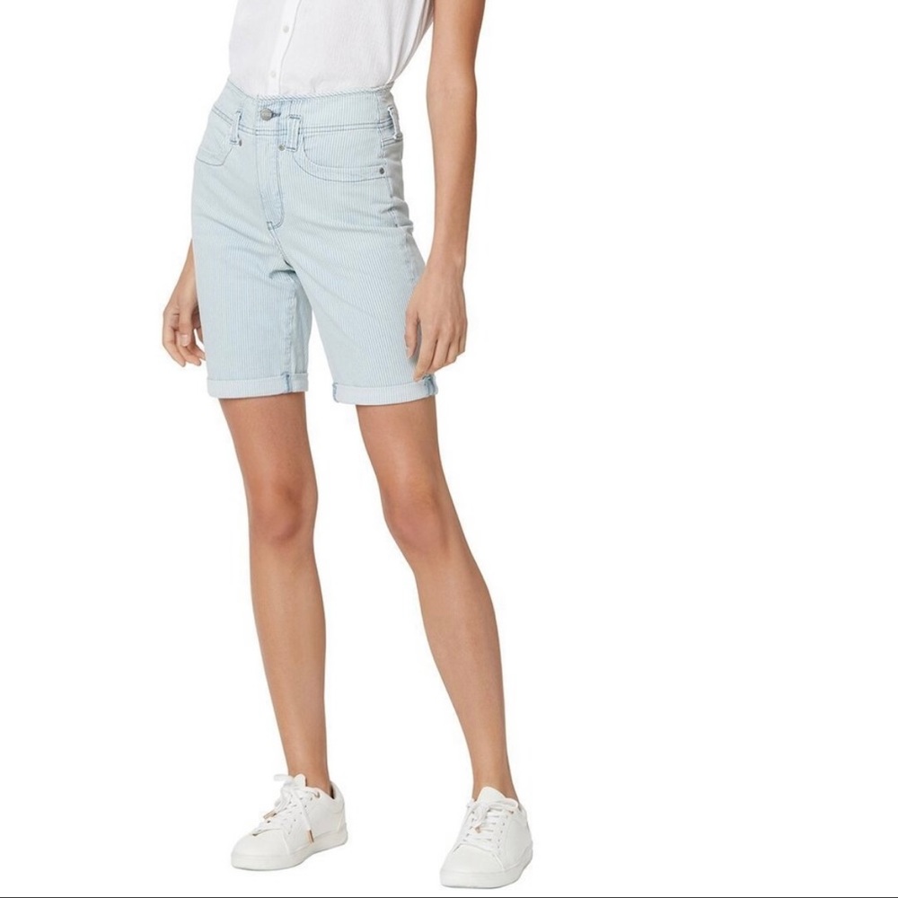 NYDJ Higher rise Ella rolled cuff blue white Rena striped shorts lift tuck tech